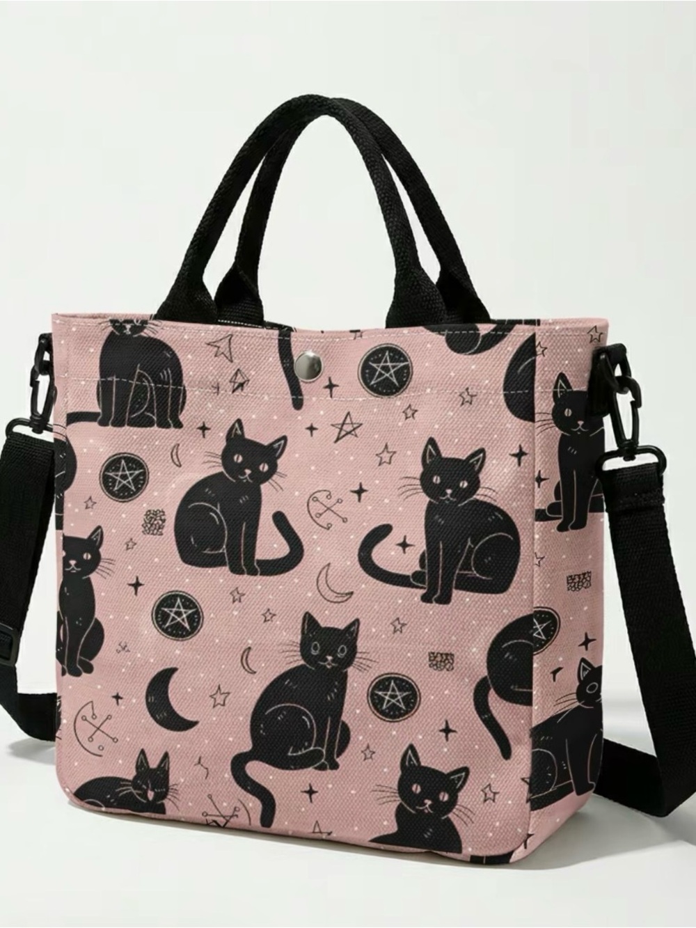 Black Cat Print Pink Tote Bag with Removable Strap